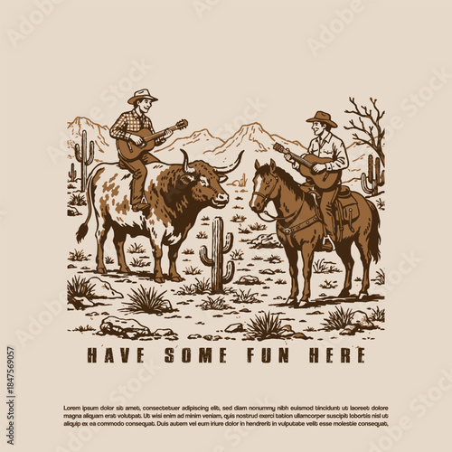 Vintage Wild West Cowboys Playing Guitar in Desert Illustration