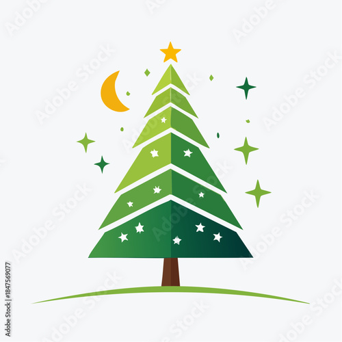 Festive Christmas Tree with Crescent Moon and Stars - Elegant Winter Holiday Vector Illustration