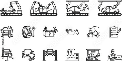 Automotive manufacturing line icons set showing car assembly, factory robots, quality control, repair service, maintenance workflow, outline industrial symbols collection