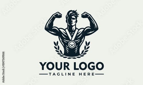 Fitness Champion Vector Logo with Laurel Wreath and Medal Illustration for Sports and Bodybuilding