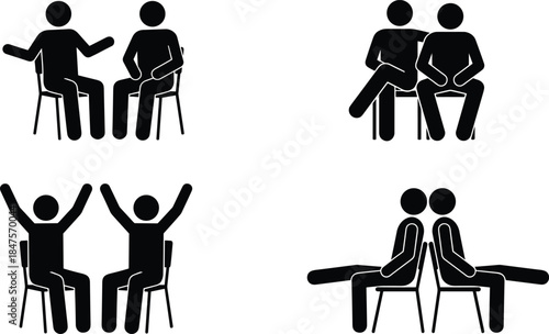 Human interaction silhouettes showing seated people communication discussion teamwork conflict resolution emotions body language concept isolated vector illustration set