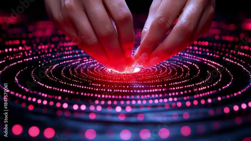 Hands Interacting with Futuristic Digital Interface, Abstract Technology Background.