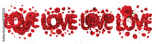 A romantic Valentine holiday card design featuring a red heart symbol decorated with rose flower petals and artistic paint splatters in a vector illustration frame for a celebration of love