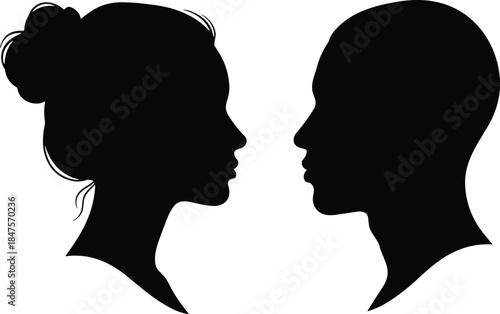 Male and female face profile silhouettes facing each other representing communication relationship psychology identity concept minimal vector illustration isolated
