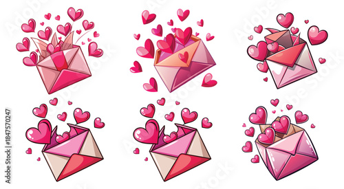 Vector illustration of a set of pink hearts with a Valentine love letter envelope icon and romance message card symbols for a wedding gift or holiday celebration design