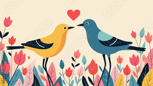 Minimalist Pastel Love Birds in Flower Field Vector