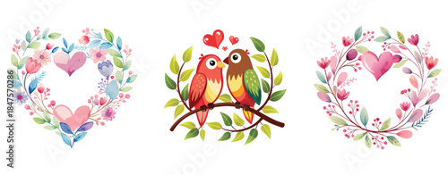 Vector illustration of a cute tropical macaw parrot with colorful feathers perched on a tree branch near easter eggs with ribbon on an abstract floral nature background with summer flowers and leaves