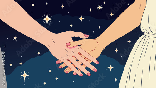 Intertwined Hands, Starry Night Sky, Everlasting Love Vector Illustration
