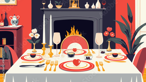 Romantic Dinner Setting with Cozy Fireplace Vector Illustration