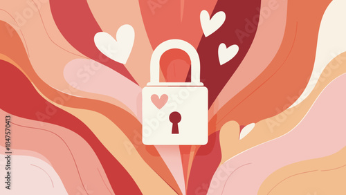 Key and lock vector illustration in peach and coral with abstract swirls of love