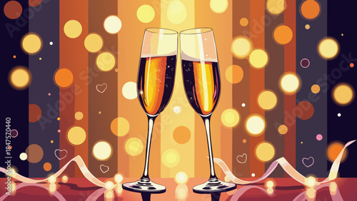 Celebratory toast with clinking champagne glasses in gold and amber vector illustration