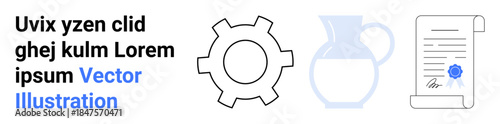 Gear representing industry, jug for resources, document with seal for official agreement. Ideal for business, industry, processing, certification, contracts, resources simple landing page