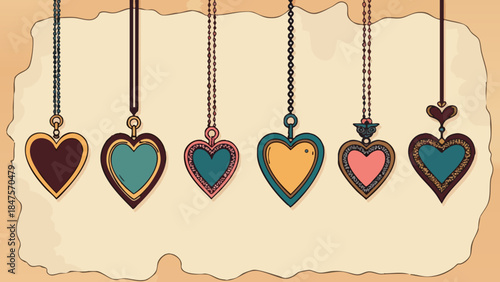 Vintage Bronze and Rose Lockets on Aged Parchment Background, Vector Illustration