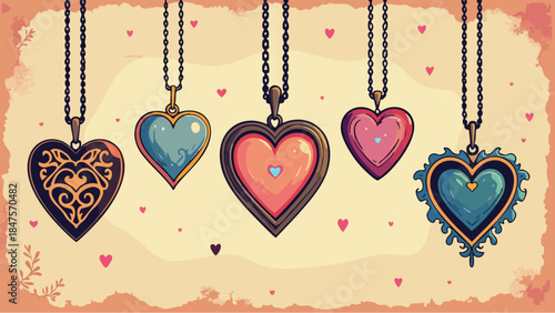 Vintage Bronze and Rose Lockets on Aged Parchment, Vector Illustration