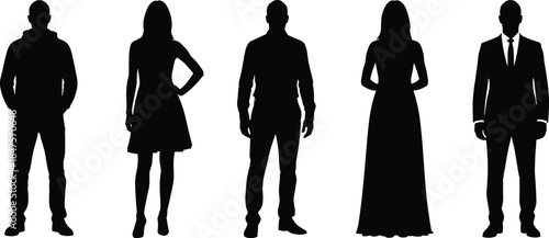 Male and female human silhouettes standing front view showing casual formal fashion poses vector illustration black white isolated design set