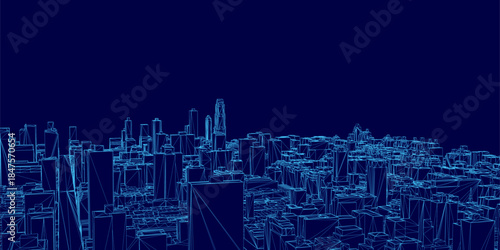 A wireframe city blueprint features white building outlines against a dark blue background. This stark contrast creates a modern and technical urban visualization.