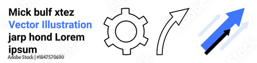 Gear symbol, curved arrow, and three blue upward arrows suggesting concepts of progress, movement, and innovation. Ideal for business, growth, direction, technology engineering productivity simple
