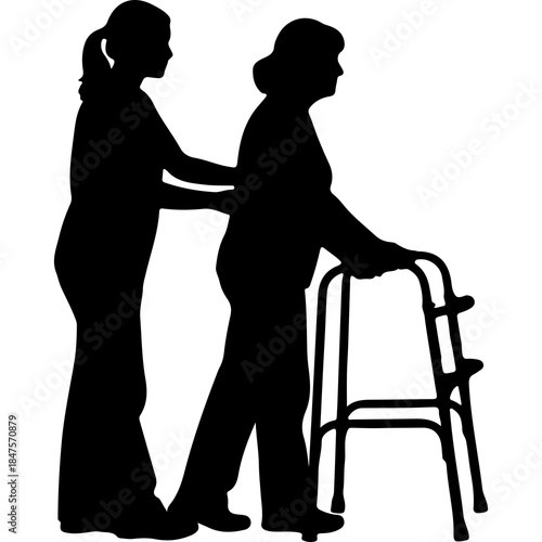 Caregiver assisting senior woman with walker with transparent background
