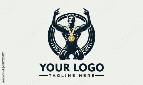 Dynamic bodybuilder champion vector logo featuring a strong male athlete with a gold medal, celebrating victory and achievement. Ideal graphic for sports, fitness, and gym branding