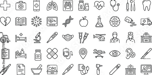 Healthcare medical line icons set featuring hospital equipment, doctors, diagnostics, emergency care, medicine, wellness, outline vector symbols collection