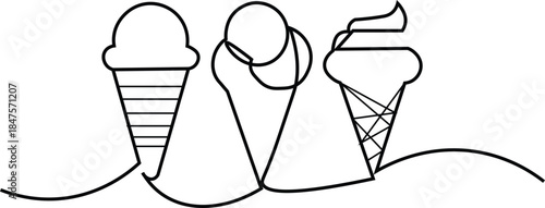 Hand drawn ice cream in waffle cone, doodle sketch isolated on white. One melted ice ball in waffle cone and three gelato scoops. Black and white line drawing. Vector clipart. 

