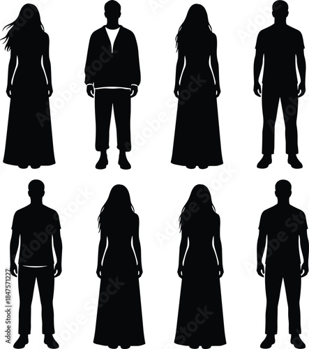Male and female standing silhouettes collection showing modern casual clothing poses isolated black vector illustration set for people design