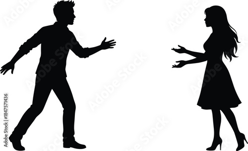 Man and woman silhouette facing each other with expressive gestures representing conversation conflict communication relationship concept isolated vector illustration design