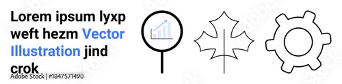Data analysis, business growth, technology, nature conservation, process optimization, research tools. Minimalist icons of a magnifying glass, gear and maple leaf. Data analysis and business growth