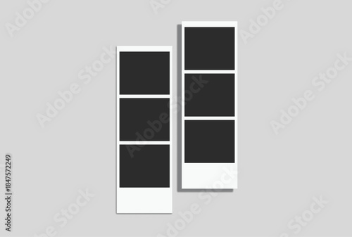 Vector Retro photo booth strips and instant film frames with blank placeholders. Minimalist vintage snapshot mockup templates for photography layouts, scrapbooking, and social media memories.