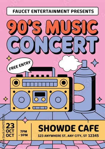 Vibrant 90s music concert poster with boombox and spray can