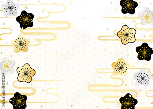 金銀の梅の花と日本の伝統模様を組み合わせた華やかな背景イラスト