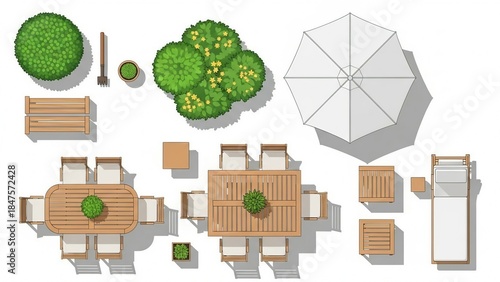 A collection of top view garden furniture and landscape elements for architectural plans isolated on white background