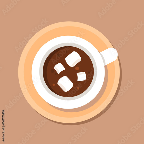 A cup of hot chocolate with marshmallow cartoon. Delicious and warm beverage illustration. Can be used for wallpaper and winter theme decoration