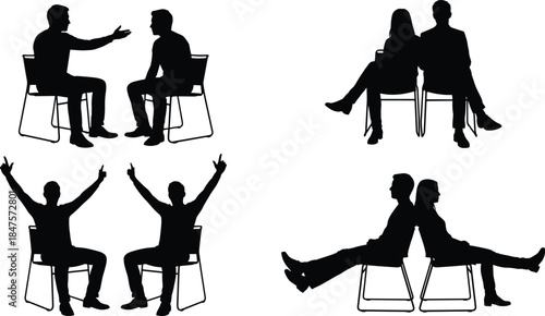 People sitting on chairs silhouettes showing conversation disagreement support and emotions minimalist black vector icon set isolated white background