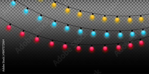 Colorful glowing string lights set on a transparent background, perfect for festive decorations Vector