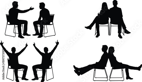 People sitting on chairs silhouettes showing conversation disagreement celebration teamwork and relationship concepts isolated black vector illustration collection set