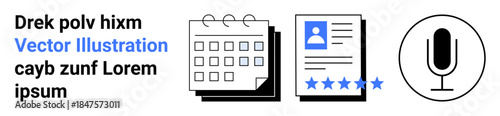 Productivity, organization, scheduling, documentation, profile rating, communication. Includes calendar, profile document with stars microphone icon. Productivity and organization concepts