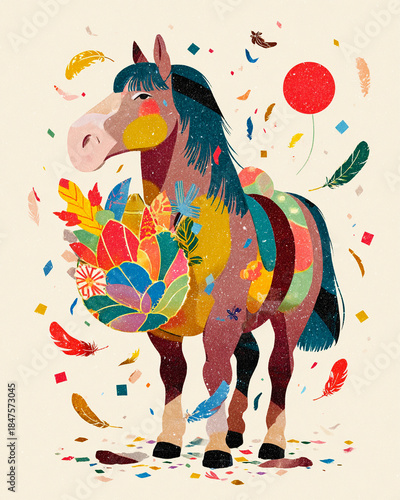 Playful Horse Holding Hagoita in Festive 2026 New Year Scene