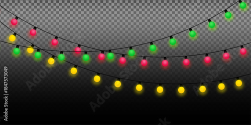 Colorful glowing string lights on transparent background for festive holiday celebration Vector