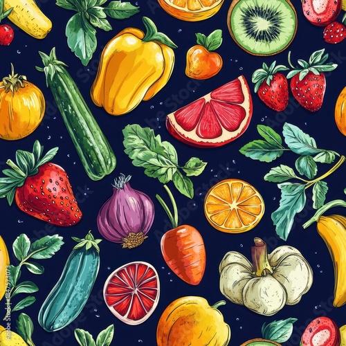 Many types of fruits and vegetables arranged in a pattern on a dark background, highlighting their shapes and colors