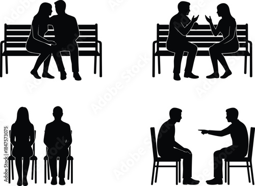 People sitting silhouettes collection showing couples conversation discussion argument and togetherness poses isolated black vector illustration set for communication concepts