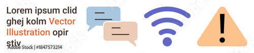 Communication tools, wireless technology, connectivity issues, digital alerts, online chat, warning signals. Chat bubbles, wireless icon and triangular warning sign. Communication and wireless