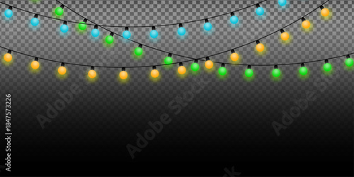 Colorful glowing string lights for festive decoration on a transparent background Vector