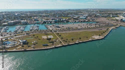 Aerial view of Roberts Point Park in Port Aransas Texas with views of the Port Aransas Municipal Harbor.
