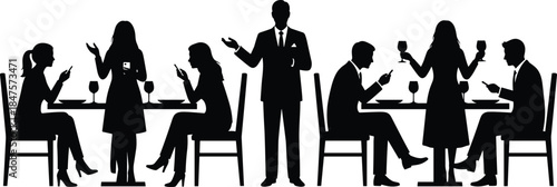 Restaurant dining silhouettes showing couples using smartphones waiter serving wine modern social behavior cafe hospitality black vector illustration set design