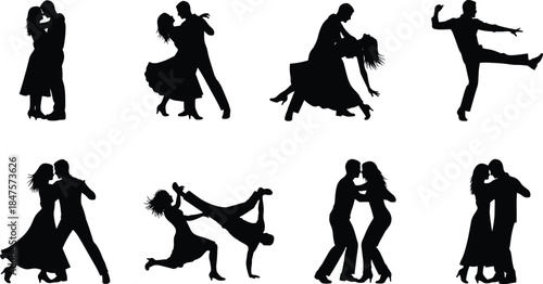Romantic ballroom and latin dance silhouettes collection featuring elegant couples performing tango salsa waltz choreography isolated vector illustration set