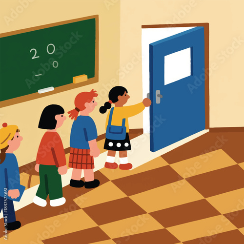 Illustration Of Children Queuing To Leave The Classroom Vector Design Template