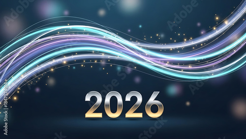 2026 New Year digital background with abstract light waves
