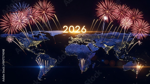 New Year 2026 celebration with world map and global fireworks
