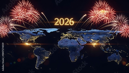 New Year 2026 celebration with world map and global fireworks
